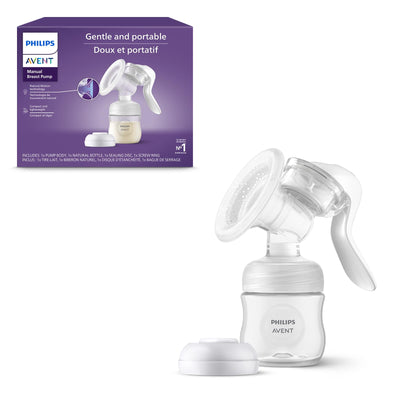 Philips Avent manual breast pump with packaging on a white background