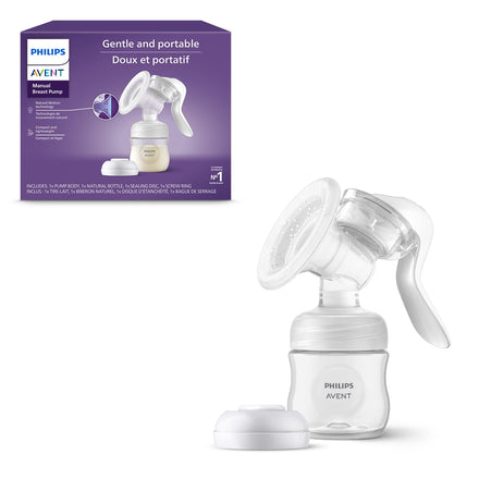 Philips Avent manual breast pump with packaging on a white background