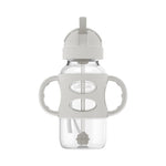 Clear sippy cup with gray lid and handles on a white background