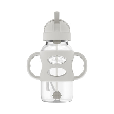 Clear sippy cup with gray lid and handles on a white background
