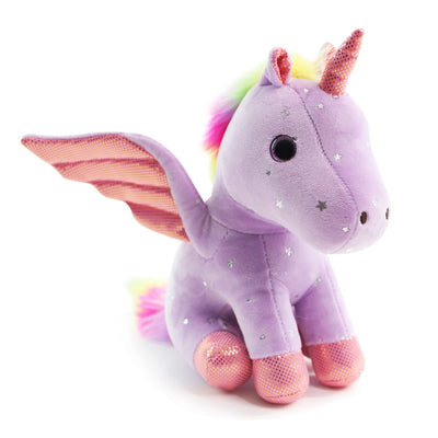 Purple unicorn plush toy with rainbow hair and pink wings on a white background
