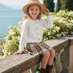 PATPAT Toddler Girl 2 Piece Skirt Sets Size 5T White Sweatshirts and Khaki Pleated Plaid Skirt 2 Piece Outfits Crew Neck Long Sleeve Knit Sweaters and Plaid Skort Clothing Set Christmas Outfits