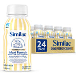 Similac dual prebiotic blend infant formula bottles with packaging on a white background