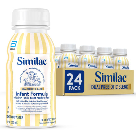 Similac dual prebiotic blend infant formula bottles with packaging on a white background