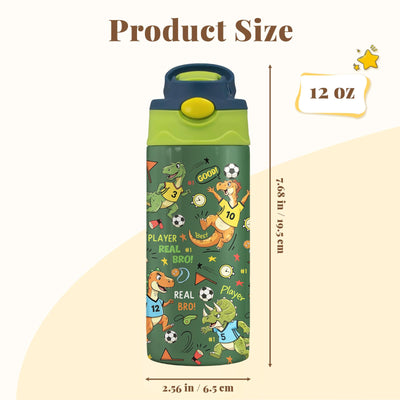 Soccer Water Bottle for Kids - 12oz Dinosaur Kids Water Bottle with Straw, Stainless Steel Tumbler, Insulated, Leak-proof, BPA-free, Pop-up Straw Lid, for School - Children Birthday Gift Cup(1pc)