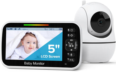 Baby monitor with a 5-inch LCD screen displaying a baby's face, next to the monitor's camera unit.