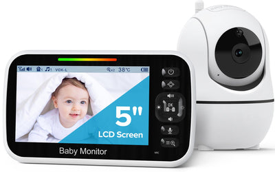 Baby monitor with 5-inch LCD screen displaying a baby's face, on a white background.