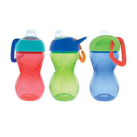 Three colorful sippy cups with handles on a white background