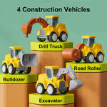 D-KINGCHY Construction Vehicles Kids Play Trucks, Press and Go Bulldozer Excavator Drill Truck and Road Roller, Construction Truck Toys Birthday Christmas Toy for Age 3 4 5 6 7 Years Old