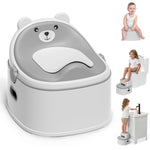 Gray bear-shaped potty chair with images of children using it on a white background