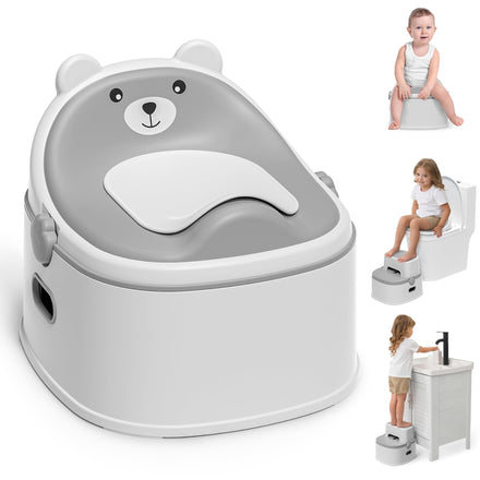 Gray bear-shaped potty chair with images of children using it on a white background
