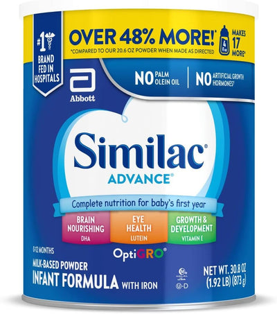 Similac Advance infant formula can with blue and yellow label