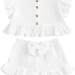 BemeyourBBs Summer Toddler Girl Clothes Baby Girl Ruffle Sleeveless Shirt with Buttons Bow Bloomers Shorts Set Cute Outfits