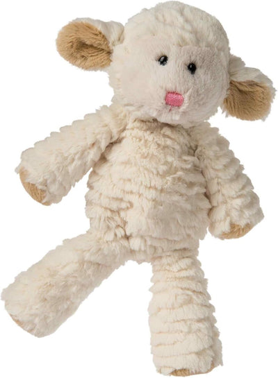Plush toy sheep with a pink nose on a white background