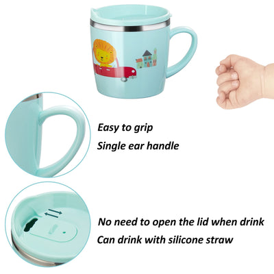 Valueder Kids Baby Toddler Cups Mug Sippy Learning Trainer Cup for Milk Coffee Hot Chocolate Stainless Steel Trainer Straw Cup with Lid, Rabbit, 7oz/Peacock pink