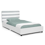 Delta Children Upholstered Twin Size Bed with Headboard, Premium Wood Slat Support, No Box Spring Needed, Easy Assembly, Grey/White Stripe