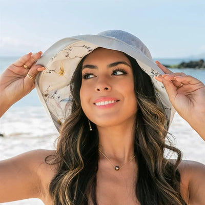 Women's-Mesh-Sun-Hats Wide-Brim Summer Beach Bucket Caps for Girls Outdoor-UV-Protection Foldable-Fishing-Hat Chin Strap Beige