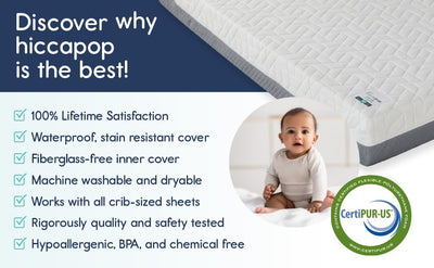 Hiccapop Baby Crib Mattress, Waterproof, Dual Sided Foam Baby Mattress, Firm Side for Babies, Soft Memory Foam Side for Toddlers, Made in USA