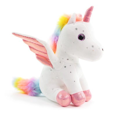 Plush toy unicorn with rainbow tail and pink wings on a white background