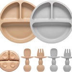 Silicone Feeding Set, 2 Pack Divided Toddler Plates with Suction, 2 Pack Utensils - Spoons & Forks, BPA Free, Baby Led Weaning Supplies