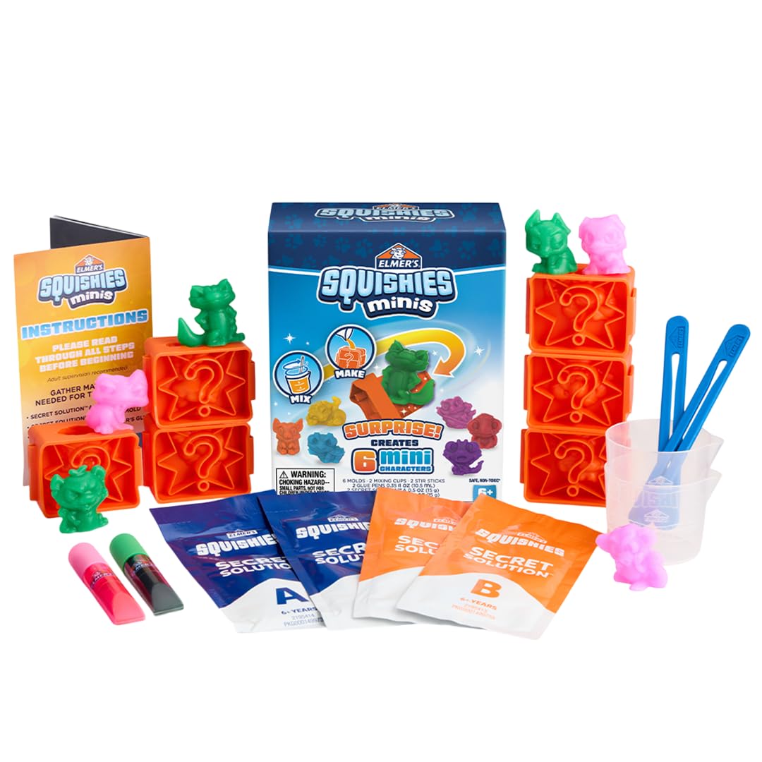 Elmer’s Squishies Kids’ Activity Kit, DIY Squishy Toy Kit Creates 2 Mystery Characters, 12 Piece Kit