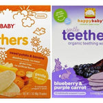 Two packages of Happy Baby organic teething wafers, one with sweet potato and banana flavor and the other with blueberry and purple carrot flavor.