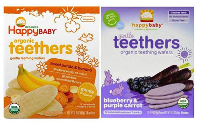 Two packages of Happy Baby organic teething wafers, one with sweet potato and banana flavor and the other with blueberry and purple carrot flavor.