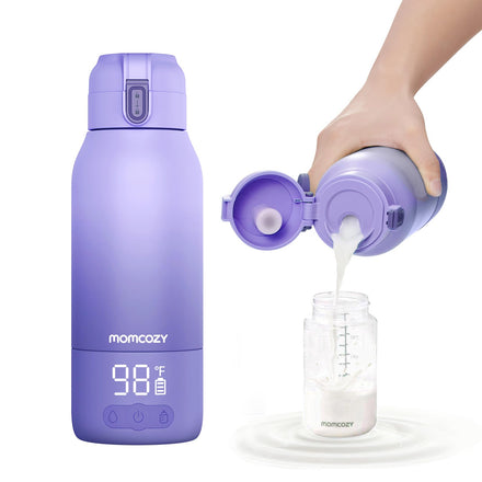 Purple bottle with digital display and milk being poured into a jar, branded 'momcozy'.