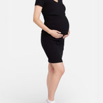 Motherhood Maternity Women's V-Neck Short Sleeve Side Ruched Bodycon Mini Pregnancy Dress, Black, Medium