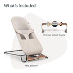 UPPAbaby Mira Bouncer Bundle, Includes Mira 2-in-1 Bouncer and Wonder Wheel Toy Bar, Seat Grows with Your Baby, Folds Flat, Sensory Entertainment – Charlie (Sand Mélange)
