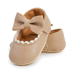 LAFEGEN Baby Girls Mary Jane Flats with Bownot Non Slip Soft Sole PU Leather Newborn Infant Toddler First Walker Cirb Dress Shoes, 0-6 Months Infant, 12 Beige