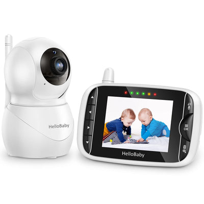 HelloBaby baby monitor with camera and screen displaying two children playing.