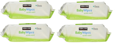 Four packages of Kirkland Ultra Soft Baby Wipes on a white background
