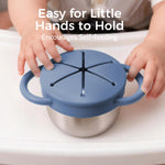 Solinfant 2 Pack Stainless Steel Spill Proof Snack Cup for Baby Toddlers Kids, with Silicone Food Catcher, Travel Lid, Spill-Proof Bowl Containers, Non Toxic BPA Free (Morandi Blue and Off-white)