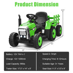 Costzon Ride on Tractor with Detachable Trailer, Kids' Electric Vehicles w/3-Gear-Shift Ground Loader, Wireless Design & USB, 7 LED Headlights, Remote Control Tractor Toy for Kids 3+ (12V, Green)