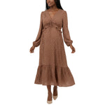 Motherhood Maternity Women's V-Neck Long Puff Sleeve Ruffle Midi Pregnancy Dress, Mocha/Vanilla Dot, Large