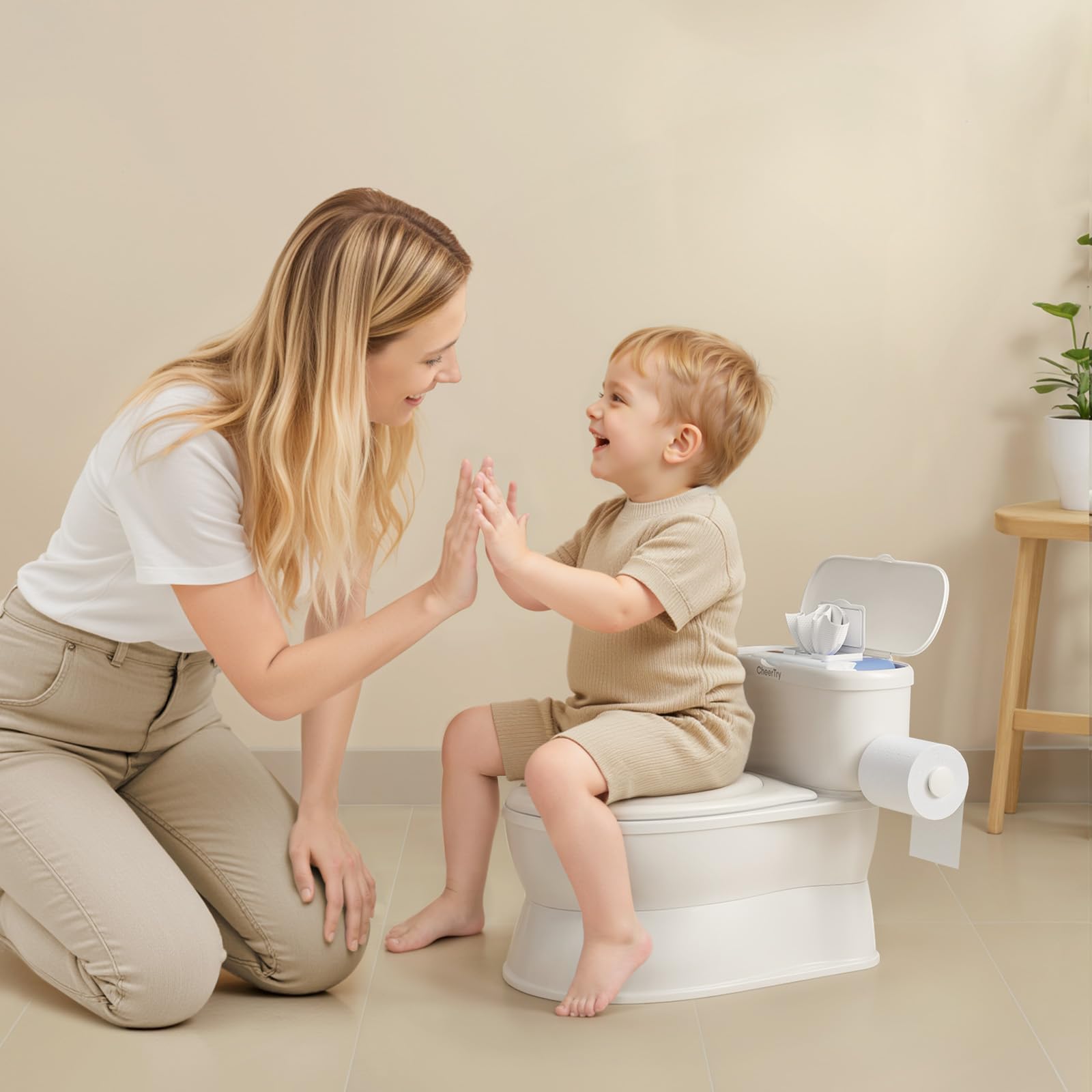 CheerTry 2-in-1 Toddler Potty Training Toilet - with Detachable Training Seat, Realistic Flushing Sound for Boys & Girls Ages 1-3 with Wipes Storage, Toilet Paper Holder