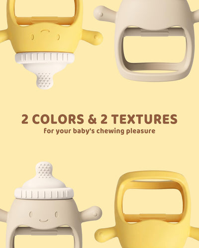2 Packs Baby Teething Toy Silicone Teething Mitten for Babies Over 3 Months Anti Dropping Wrist Hand Teethers Baby Chew Toys for Sucking Needs, BPA Free (BabyBottle Yellow)