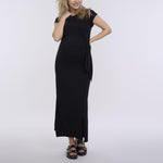 Motherhood Maternity Women's Short Sleeve Crew Neck Side Tie Detail Midi Casual Pregnancy Dress, Black, Small