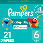 Pampers baby dry diapers packaging with Sesame Street characters on a teal background