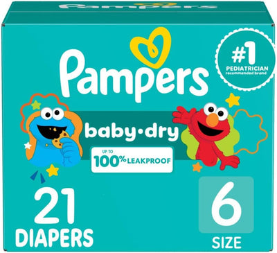 Pampers baby dry diapers packaging with Sesame Street characters on a teal background