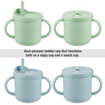 PandaEar Silicone Baby Feeding Set| 2 Pack Silicone Divided Suction Plate and 2 Pack Tiny Cup with 2 Spoons 2 Forks| Baby Led Weaning Supplies Self Feeding Eating Utensils (Light Blue/Light Green)