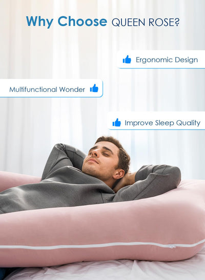 QUEEN ROSE Pregnancy Pillow, U Shaped Full Body Pillows for Sleeping Support, 60 Inch Maternity Pillow for Pregnant Women, Pink