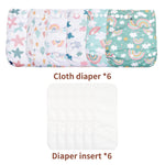 CoolaPeach 12 Set Reusable Adjustable Cloth Diapers for Newborn to 0-3 Years,One Size Washable Pocket Nappy Covers for Baby Girl and Boy,6 Pack Cloth Diapers+6pcs Microfiber Inserts(Green 2)