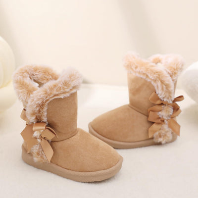 Femizee Girls Winter Boots Faux Fur Lined Bow Pull-On Mid-Calf Boot Brown 4