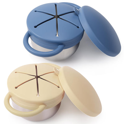 Solinfant 2 Pack Stainless Steel Spill Proof Snack Cup for Baby Toddlers Kids, with Silicone Food Catcher, Travel Lid, Spill-Proof Bowl Containers, Non Toxic BPA Free (Morandi Blue and Off-white)
