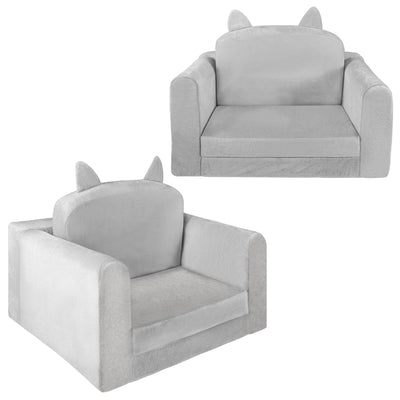 ORWIPO Kids Sofa Bed with Removable Washable Cover & Backrest – Foldable Toddler Chair, Cozy Crystal Velvet Furniture for Playtime, Naps & Travel (Gray, Bear Design)