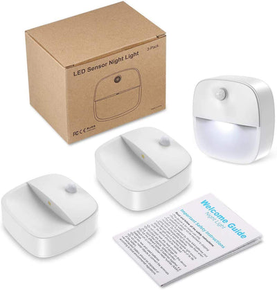 AMIR Upgraded Motion Sensor Light Indoor, Stair Lights Battery Operated, Cordless Stick-On LED Night Light for Closet, Hallway, Bathroom, Kitchen, Cabinet, Energy Efficient (White - Pack of 3)