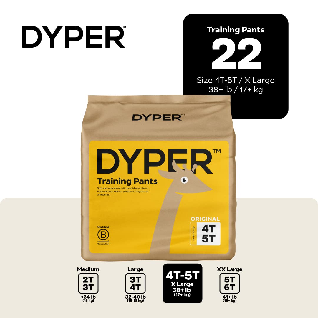 DYPER Toddler Potty Training Pants Girls & Boys, Honest Ingredients, Day & Overnight, Made with Plant-Based* Materials, Hypoallergenic for Sensitive Skin, Unscented (Size 4T-5T, 22, Count)