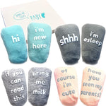 Baby Socks Gift Set - Unique Baby Shower or Newborn Gift - 4 Pairs of Cute Funny Quotes in Gift Box